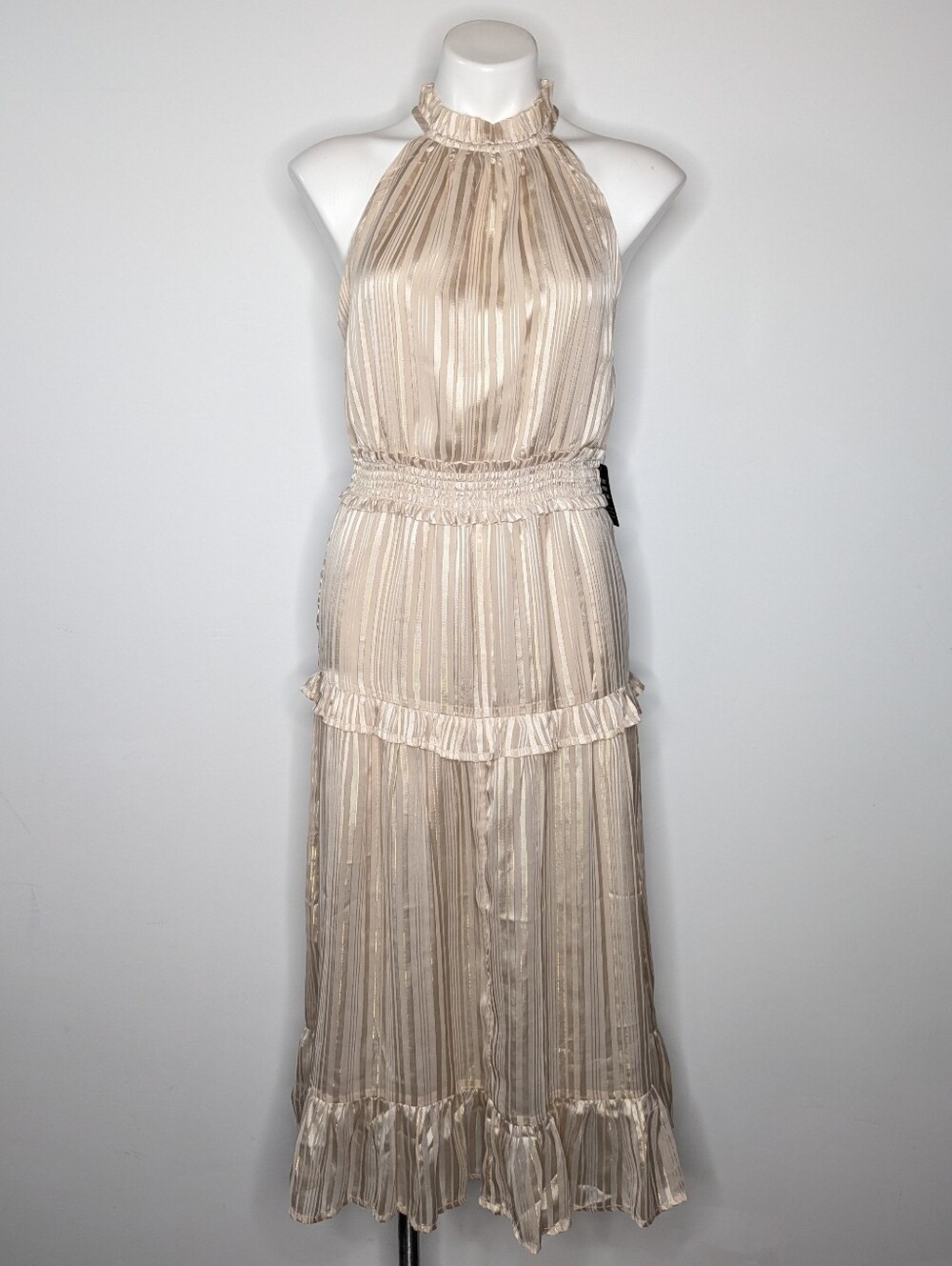 NWY Express Light Tan Gold Sleeveless Satin Halter Midi Dress S